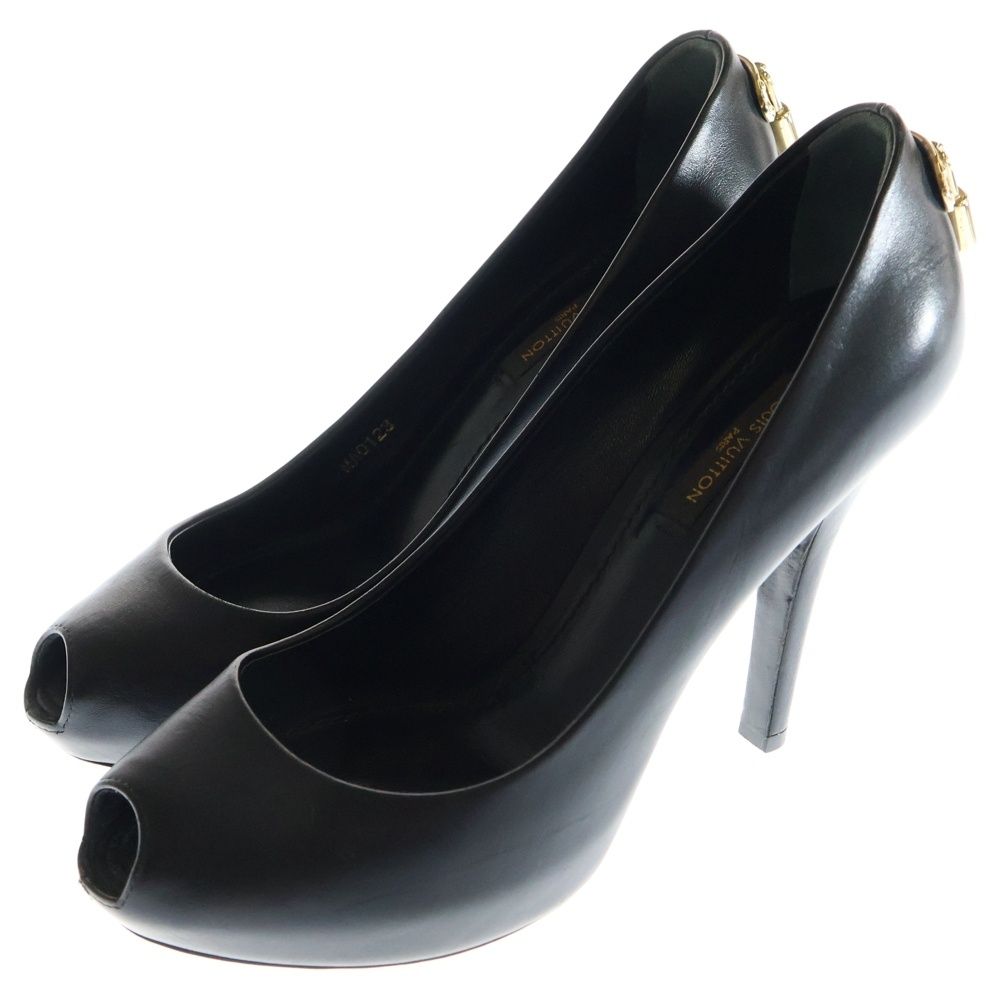 LOUIS VUITTON ルイヴィトン パドロック ヒール オープントゥ レザー パンプス シューズ ゴールド金具 ブラック レディース