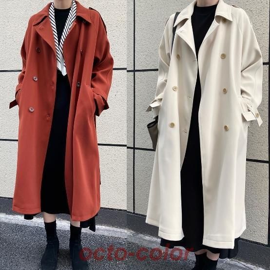 ゆったりサイズ トレンチコート アウター 膝下 ロング丈 袖あり 長袖 襟付き 角襟 ダブルブレスト かわいい 大人 きれいめ シンプル カジュアル 大人 上品