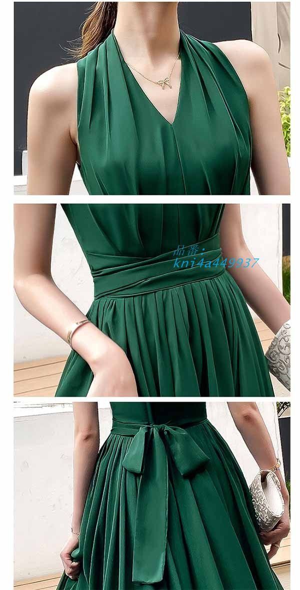 ドレス 大人 ピアノ 発表会 ロングドレス 演奏会 グリーン ワンピース 成人式 Aライン ノースリーブ 同窓会 ホルターネック 大人可愛い kni4a449937