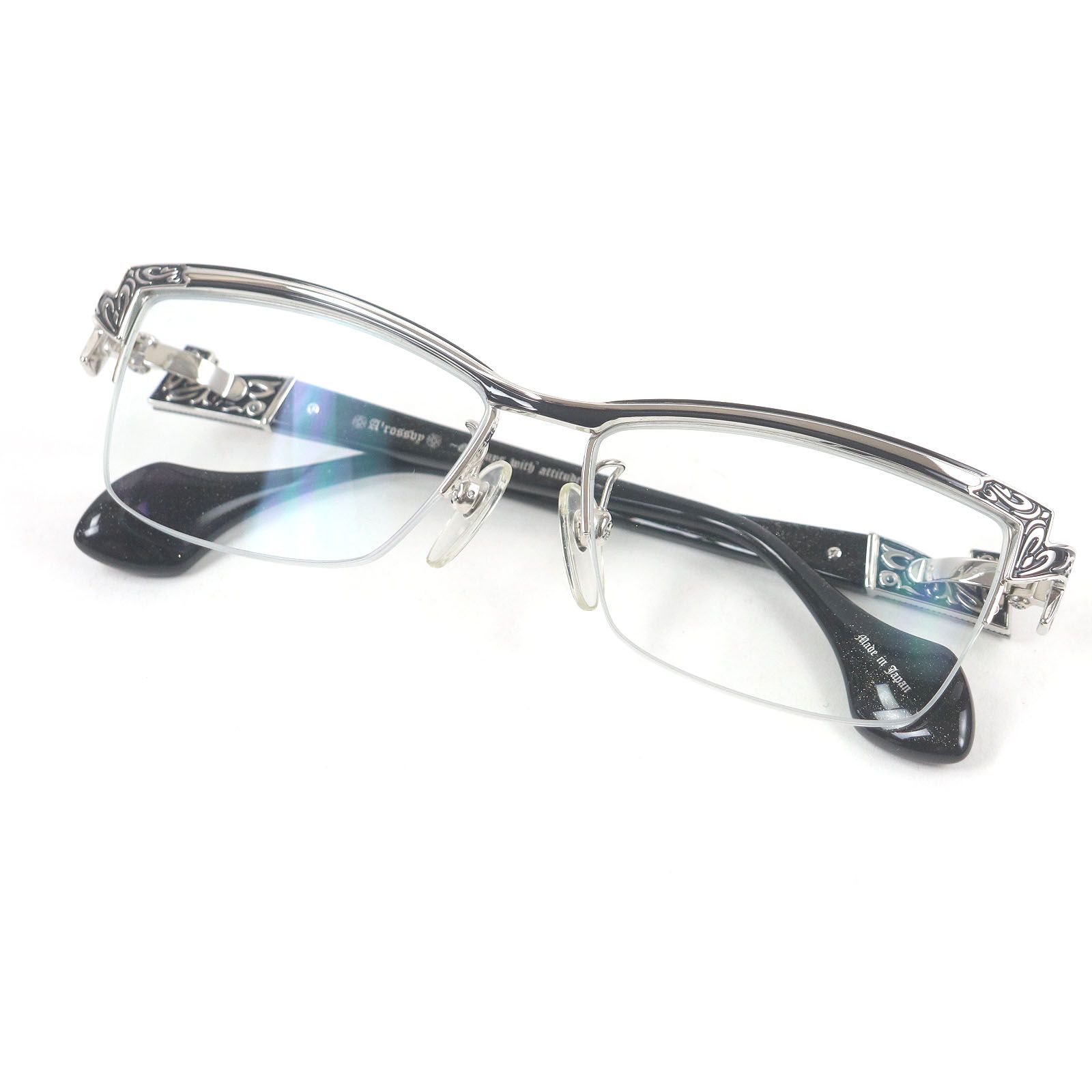 □A’rossby ロズビー 209252208 SV925 ラメ入り ハーフリム メガネ 眼鏡 アイウェア シルバー ブラック 44□55 度入り 総重量45g メンズ