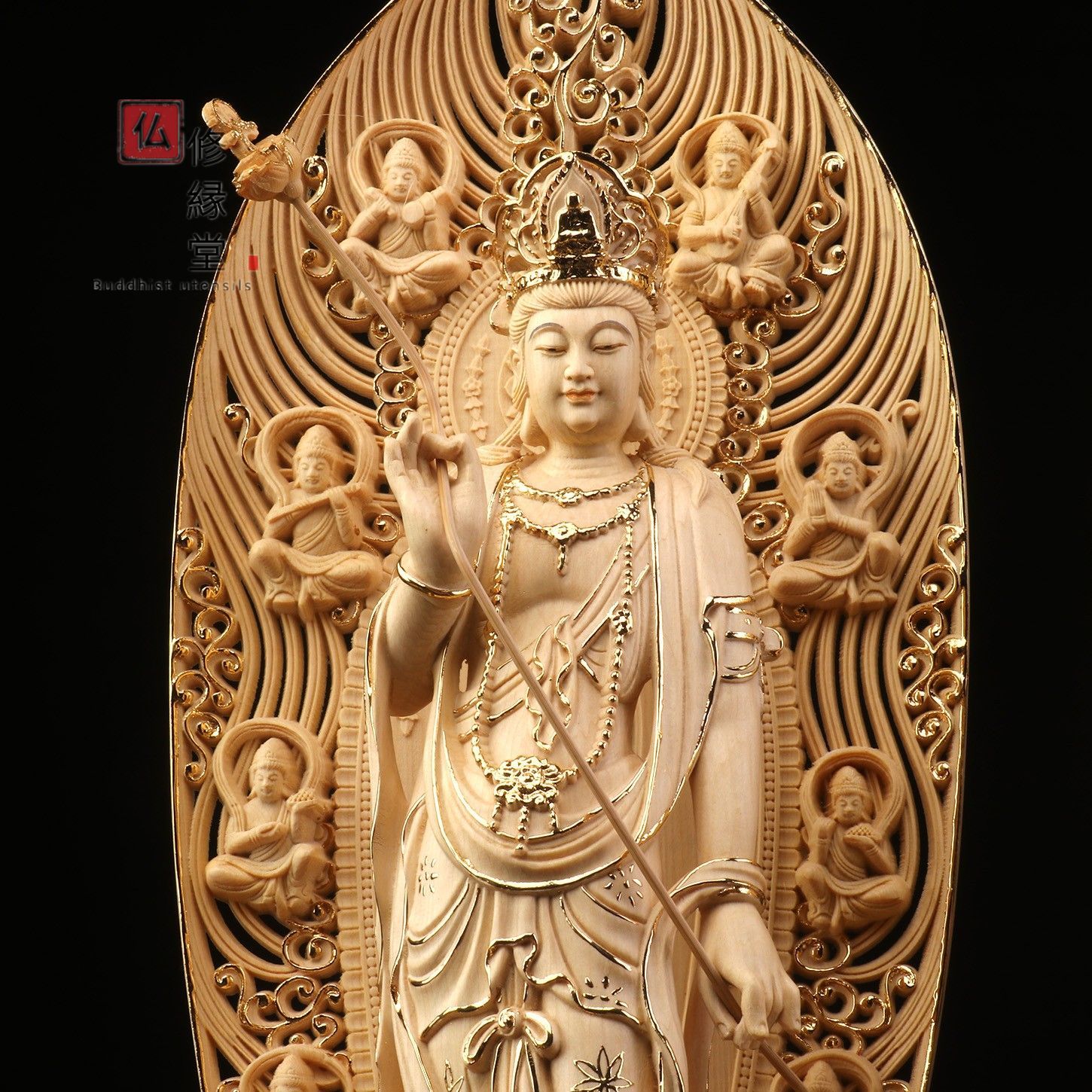 【修縁堂】【仏教美術・仏像】檜木製・瑠璃薬師立像 木彫仏教 修縁堂】最高級 木彫り 仏像 薬師如来三尊立像 本金 切金 彫刻