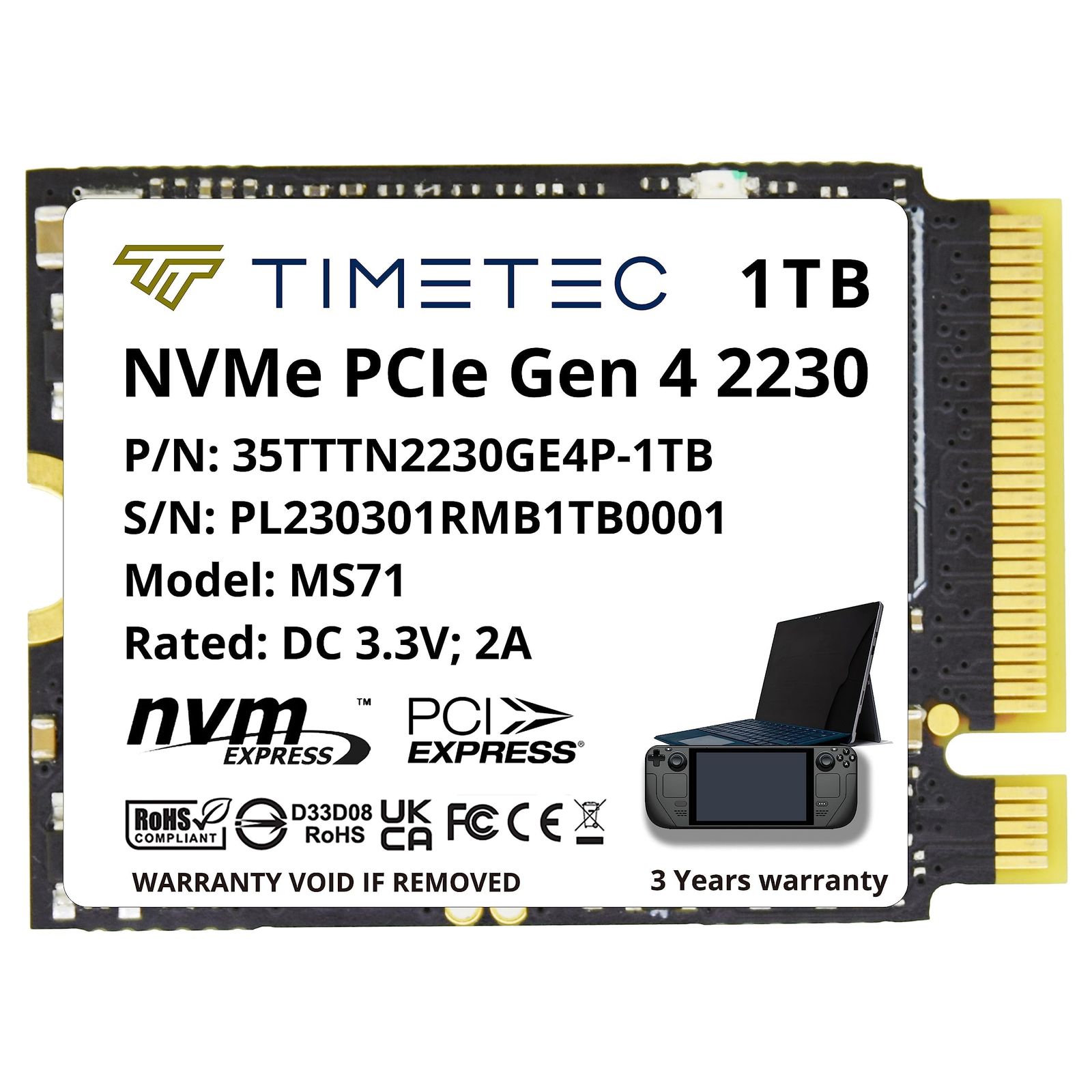 Timetec 内蔵型SSD M.2 2230 NVMe PCIe 8Gb 秒３年サポート M.2 PCIe 2230 Gen 4x4 1TB