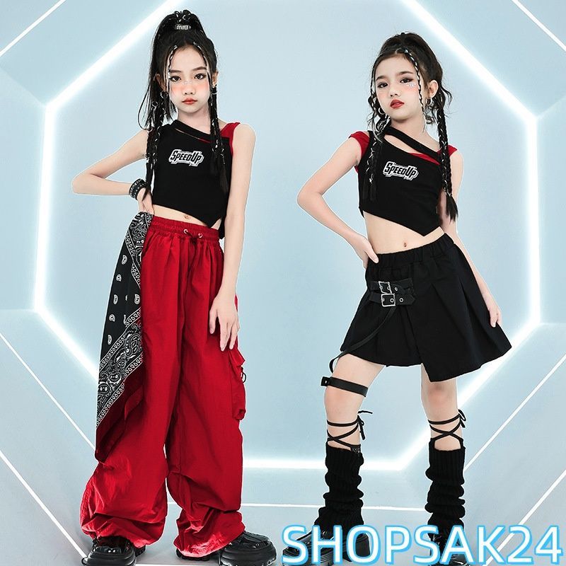赤黒 セットアップ キッズ ダンス 衣装 ダンス ヒップホップ 女の子 赤