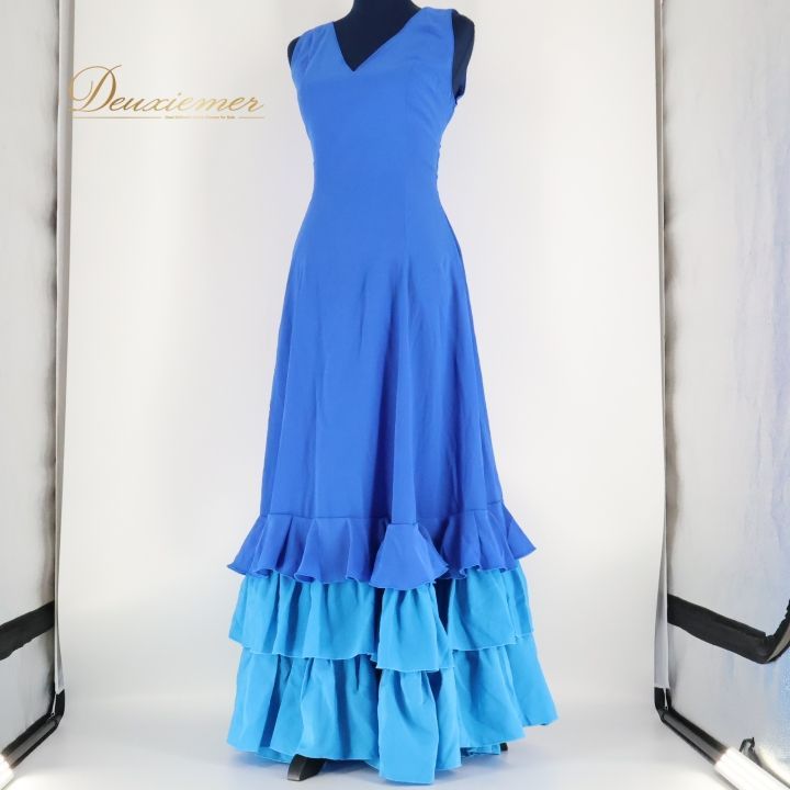 【フラメンコ衣装】ブルー Naomi Collection ナオミコレクション ワンピース ドレス 青 白 花柄 ボランテ フリル ボウタイ 美品 フラメンコ衣装】ブルー×豪華ボランテ ワンピース ドレス