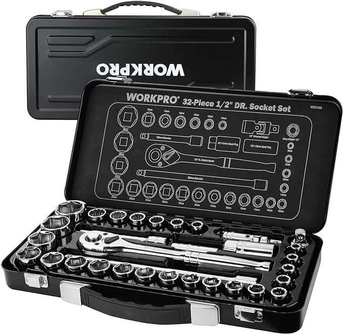 【在庫処分】WORKPRO ソケットレンチセット 差込角12.7mm 32点セット ガレージツールセット クイックリリースラチェットハンドル 鉄製収納ケース付き バイク 自動車整備 工具セット