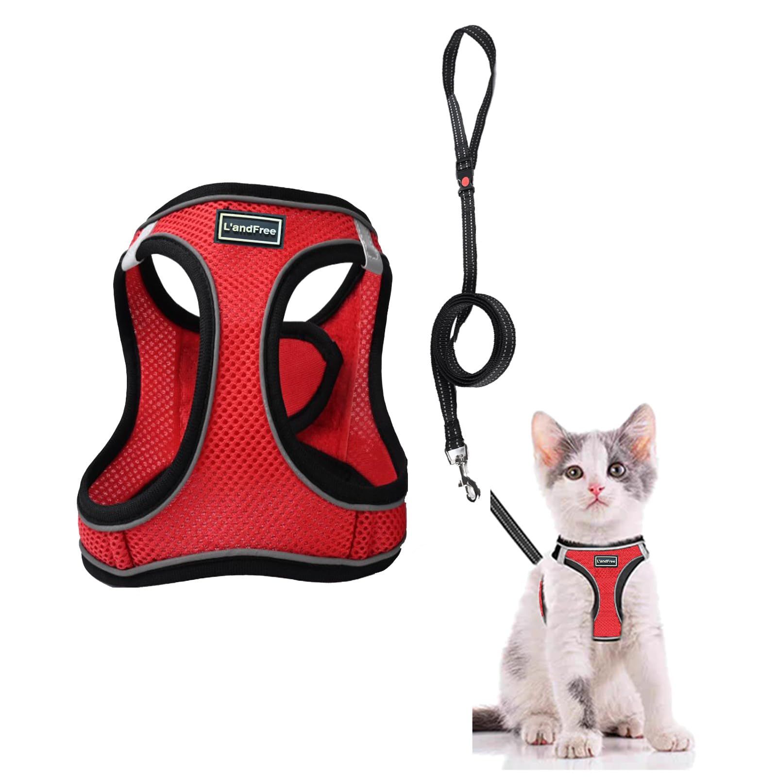 L andFree 猫 ハーネスリード 猫牽引ロープ リード 小型犬ハーネス 猫用 胴輪 猫具 4重ロック ねこ ネコ 子猫 散歩 夜反射 お出かけ 脱げない ベスト ソフト胸あて 軽量 頭を通さず装着 通気メッシュ りーど S レッド