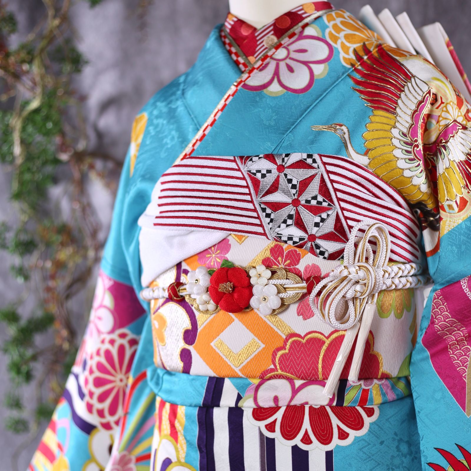 振袖フルセット 振袖セット 振袖 Lサイズ 中古 水色×レトロ 美品 成人