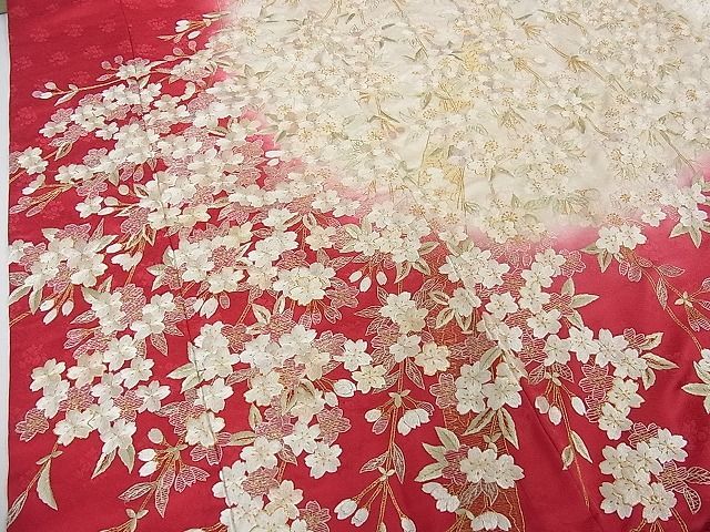 平和屋2■希少　お引きずり　引振袖・長襦袢(袷)セット　総手刺繍　枝垂れ桜　暈し染め　金糸　逸品　3kh1919