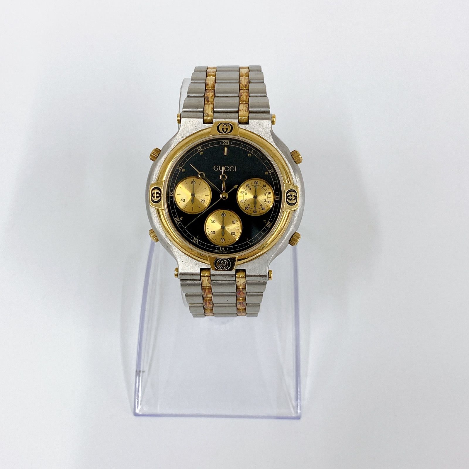 ＆ GUCCI グッチ 不動 ラウンドフェイスGG クロノグラフ 黒文字盤 9400  