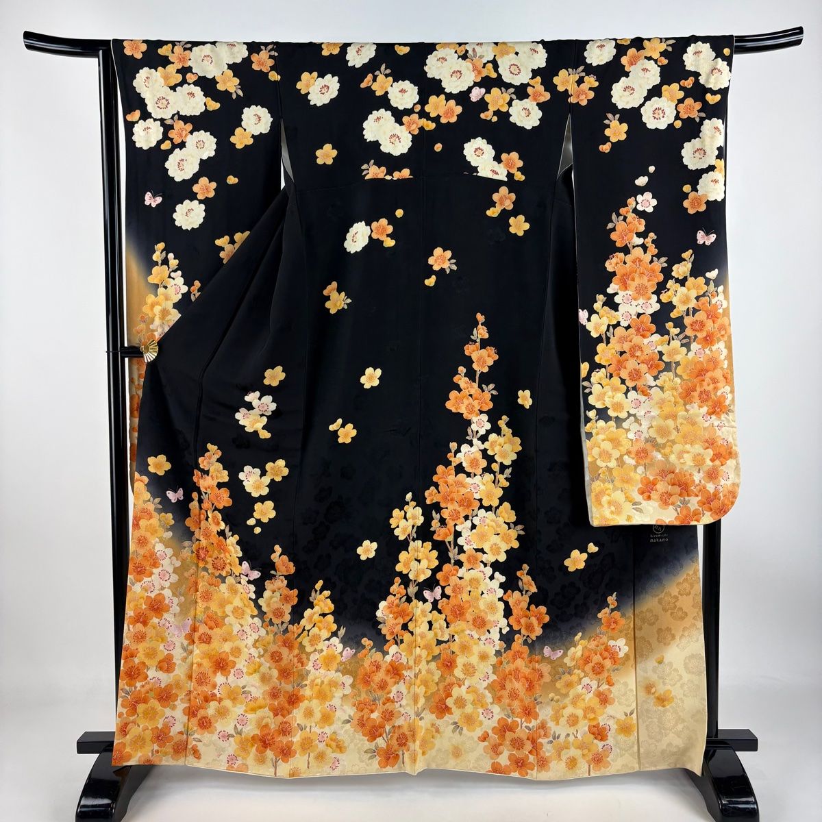 振袖 身丈163cm 裄丈66cm M 袷 hiromichi nakano 落款 蝶 桜 金糸 ぼかし 黒 正絹 名品