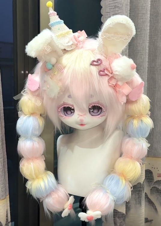 着ぐるみヘッド kigurumi NO.67 うさぎ マカロン色 ファースーツ 全頭ヘッド ケモノ マスク ぬいぐるみ コスプレ コスチューム