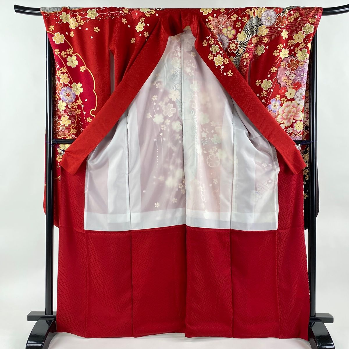 振袖 身丈168.5cm 裄丈70.5cm L 袷 袋帯フルセット 雪輪 桜 金彩 赤  