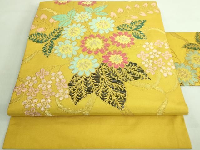 極上　洛風林　工芸帯地　九寸名古屋帯　草花文　正絹　逸品　唐花　洋花 極上 洛風林 工芸帯地 九寸名古屋帯 草花文 正絹 逸品 唐花 洋花