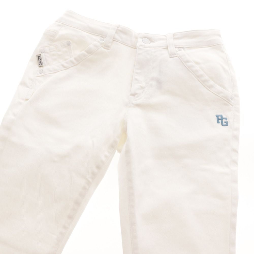 超美品】パーリーゲイツ パンツ ブルー×白 織生地 ヒップロゴプリント