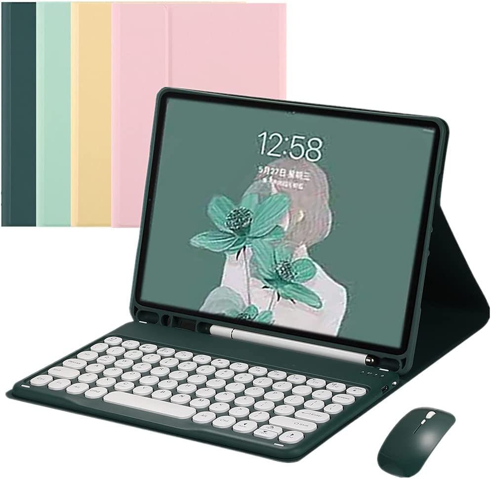iPad mini 6_深緑 マウス付き iPad mini6 キーボード ケース iPad mini6 2021年型 8.3 インチ 丸型キー  カラフル在宅 学校 勤務 着脱式 キーボード付き Bluetooth カバー iPad mini タッチペン収 