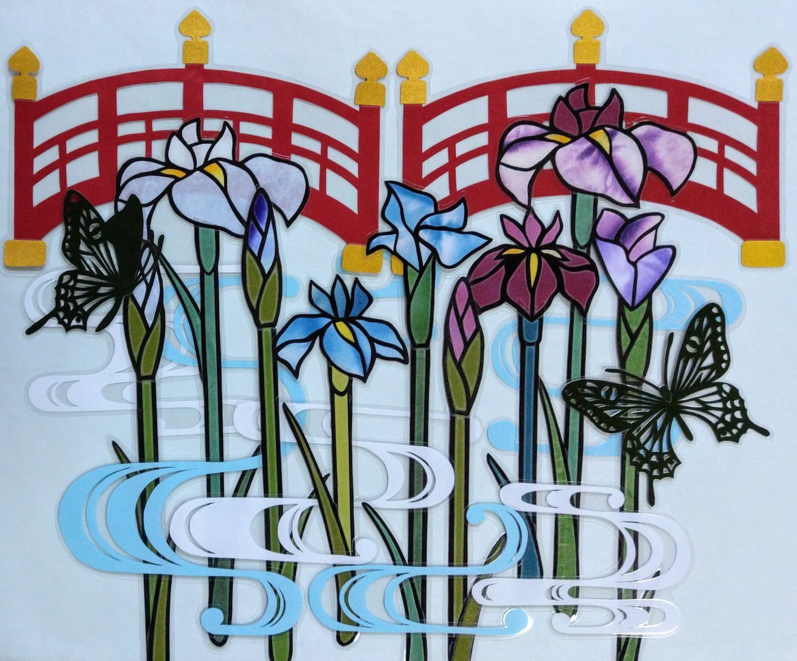 【全品送料無料】 壁面飾り】5月 太鼓橋』アゲハ蝶・板締染和紙 と 切り絵『菖蒲 Craft / Cloth Products