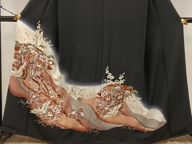 平和屋着物□豪華黒留袖 駒刺繍 御所車飛鶴花文 金彩 正絹