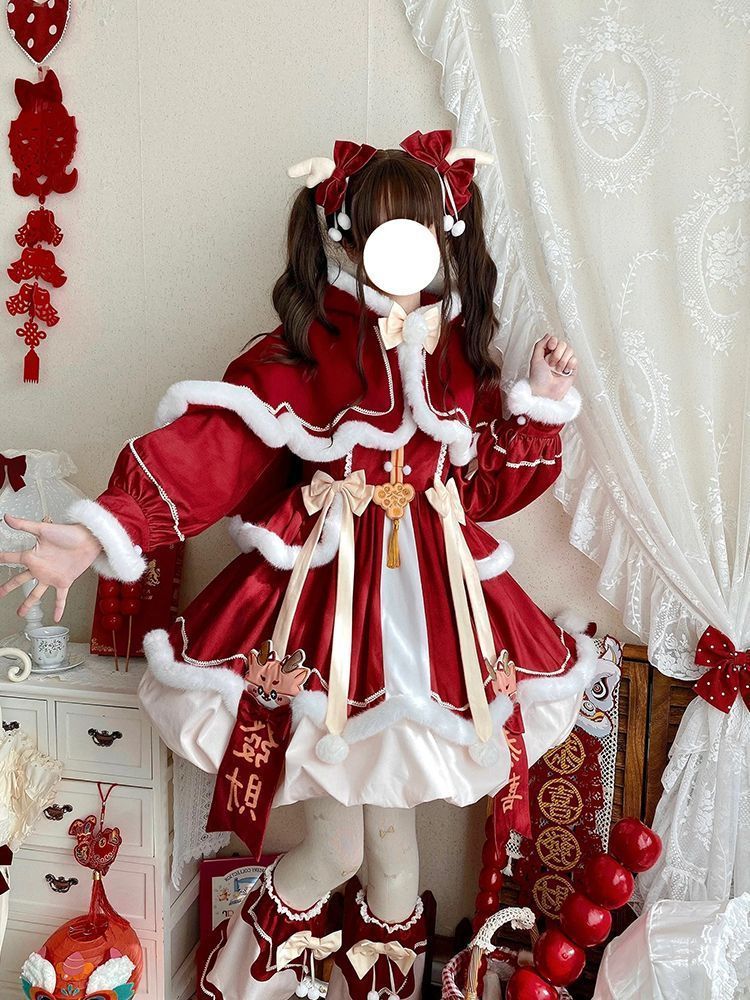 全新 赤色 ロリータ 新年ドレスセット ケープ付き 洋服 衣装 仮装 クリスマス風ワンピースchristmas 学園祭 文化祭 雰囲気 お呼ばれ イベント 大人 舞台 新年会