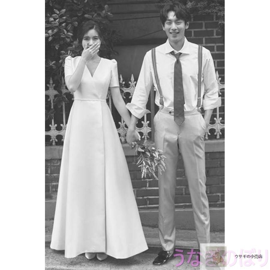 パーティードレス Aラインドレス ロングドレス 白vネック お呼ばれ