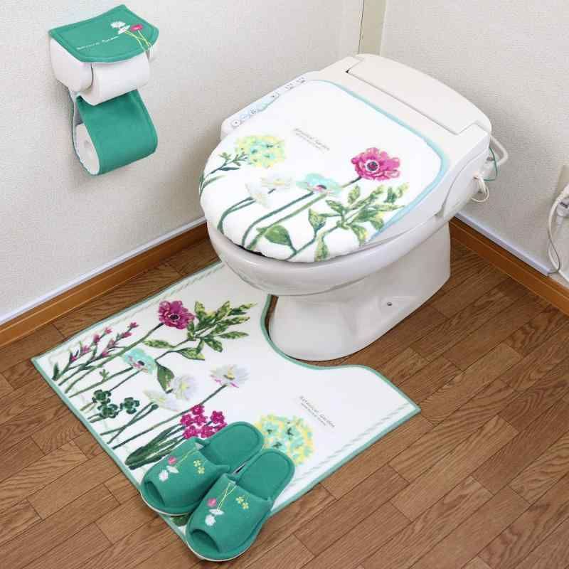 トイレマット セット ４点 北欧 おしゃれ 普通サイズトイレマット＋共用フタカバー＋ペーパーホルダーカバー＋スリッパ 抗菌 防臭 花 モダン フラワー オカ ボタニカル グリーン
