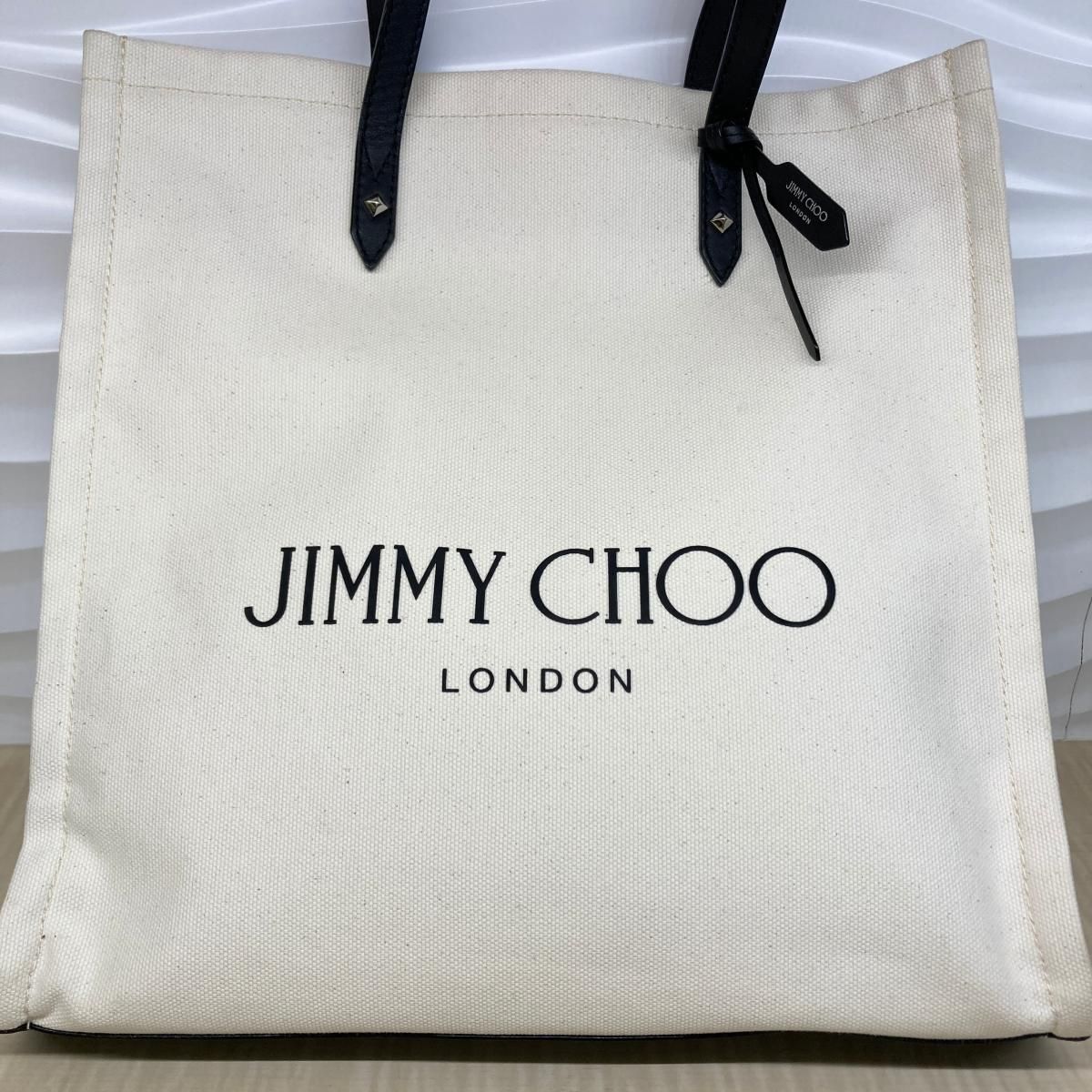 JIMMY CHOO キャンバストートバッグ ホワイト 中古】 JIMMY CHOO (ジミーチュー) ロゴ キャンバス トートバッグ