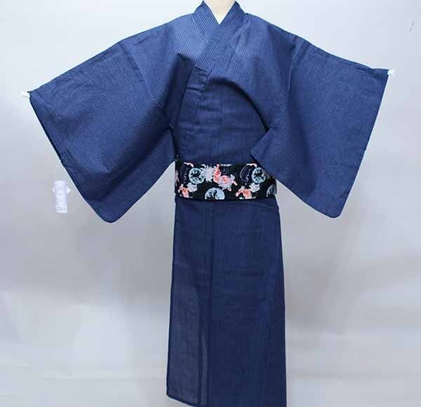 浴衣 6点セット 男性用 綿麻先染 紺地 縞 M|Lサイズ 綿88％ 麻12% 角帯 下駄 信玄袋 腰紐2本 NO37416-02