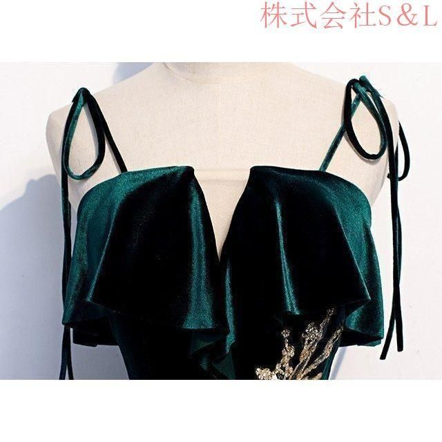 ロングドレス 演奏会 ベロア ベルベット イブニングドレス 緑 グリーン