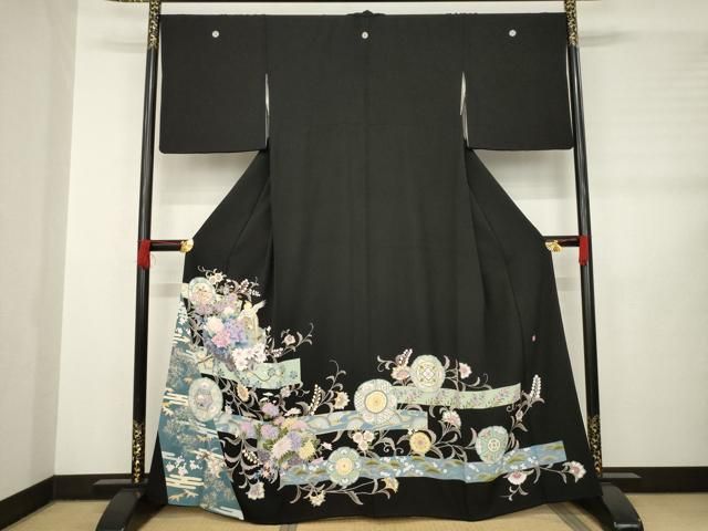 平和屋着物●豪華黒留袖 友禅 作家物 更紗花鳥文 正絹 AABB5415ck