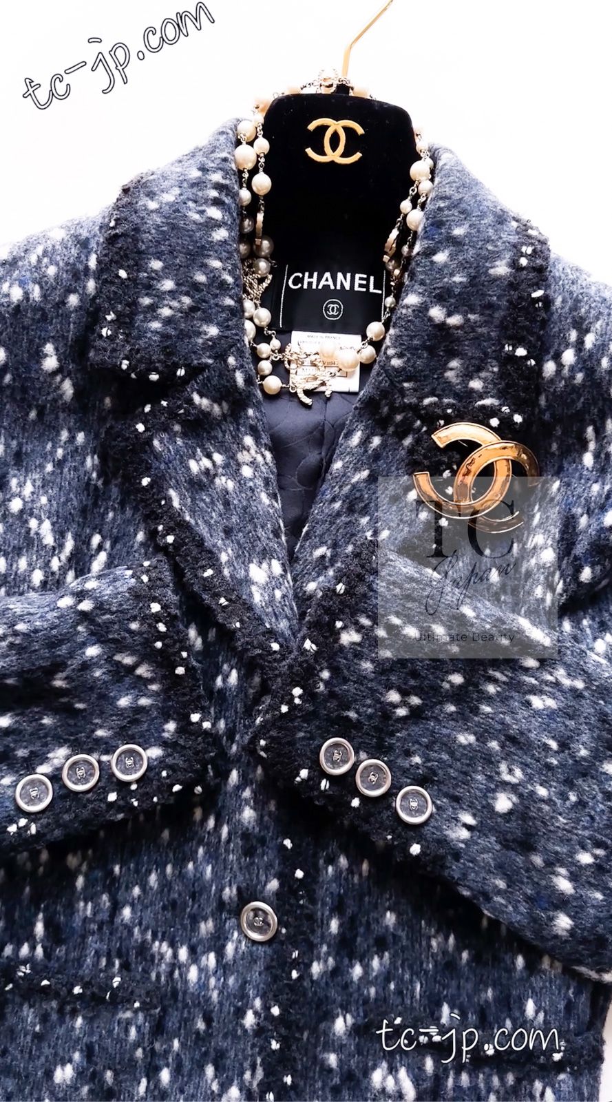 シャネル ジャケット CHANEL ネイビー ダーグレー ポップコーン ウール ポップコーン ココボタン 超 38 40 42 GULLKHAN_COM