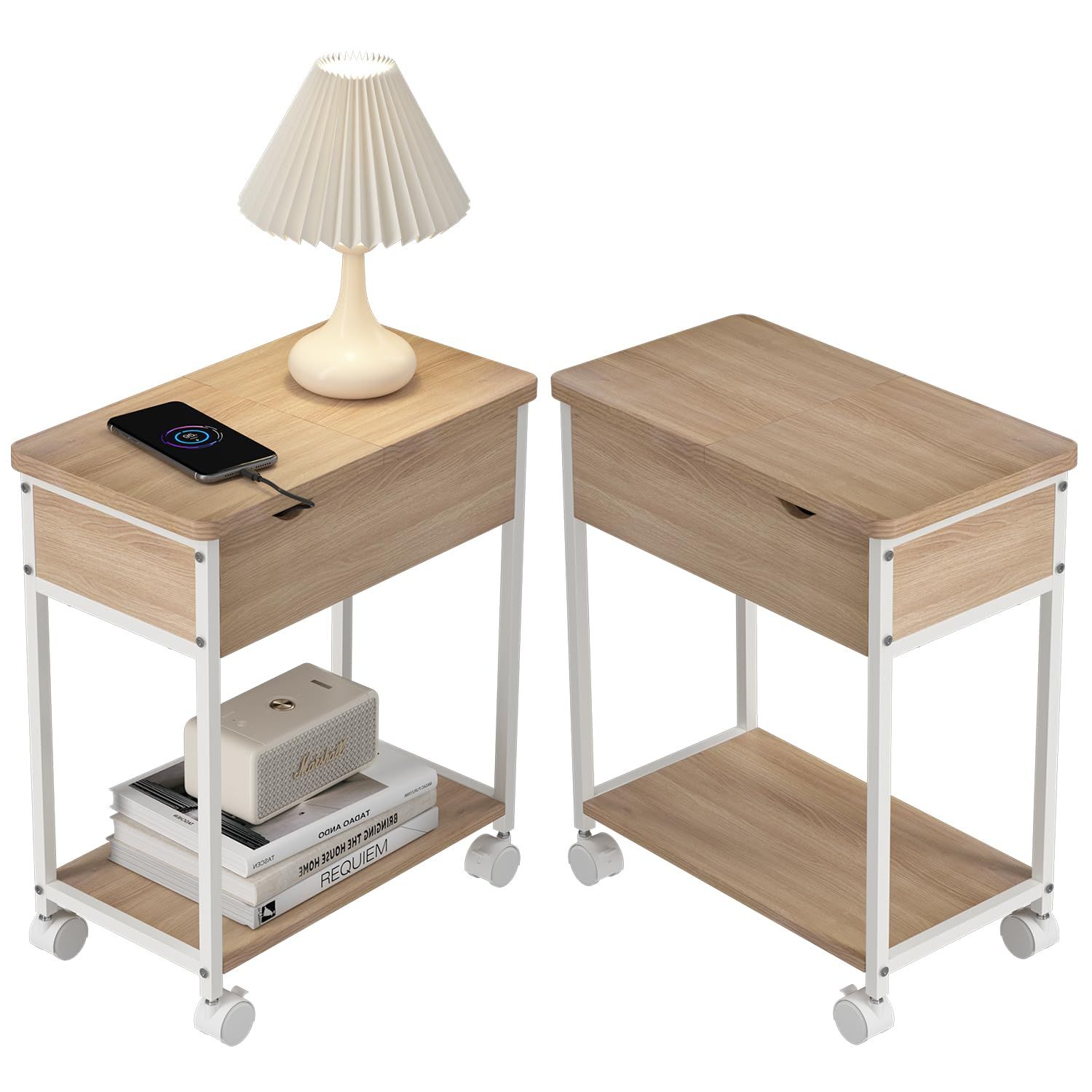 サイドテーブル コンセント付 引き出し付 ナイトテーブル45x25x52cm ベッドサイドテーブル 引き出し付き 収納付 木の色