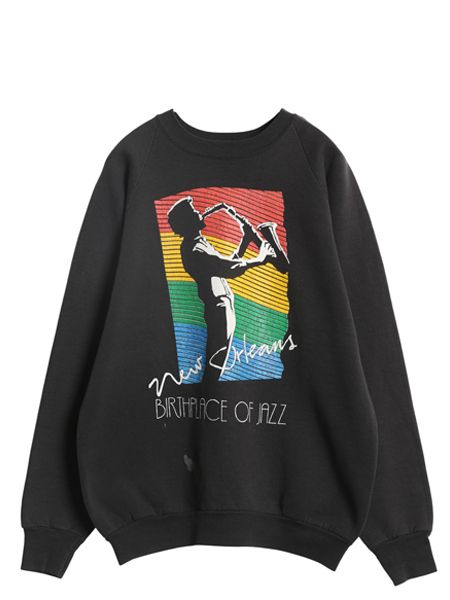 なクーポン配布中! 80s ジャズ アート イラスト プリント スウェット メンズ XL | 古着 ヴィンテージ トレーナー グラフィック 裏起毛 黒 大きいサイズ