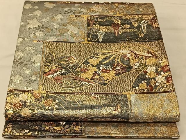 袋帯 銀通し 金彩 手描き 鳳凰 鳥 桐 正絹 六通 Q1166 袋帯 銀通し 金彩 手描き 鳳凰 鳥 桐 正絹 六通 Q1166 袋帯 銀