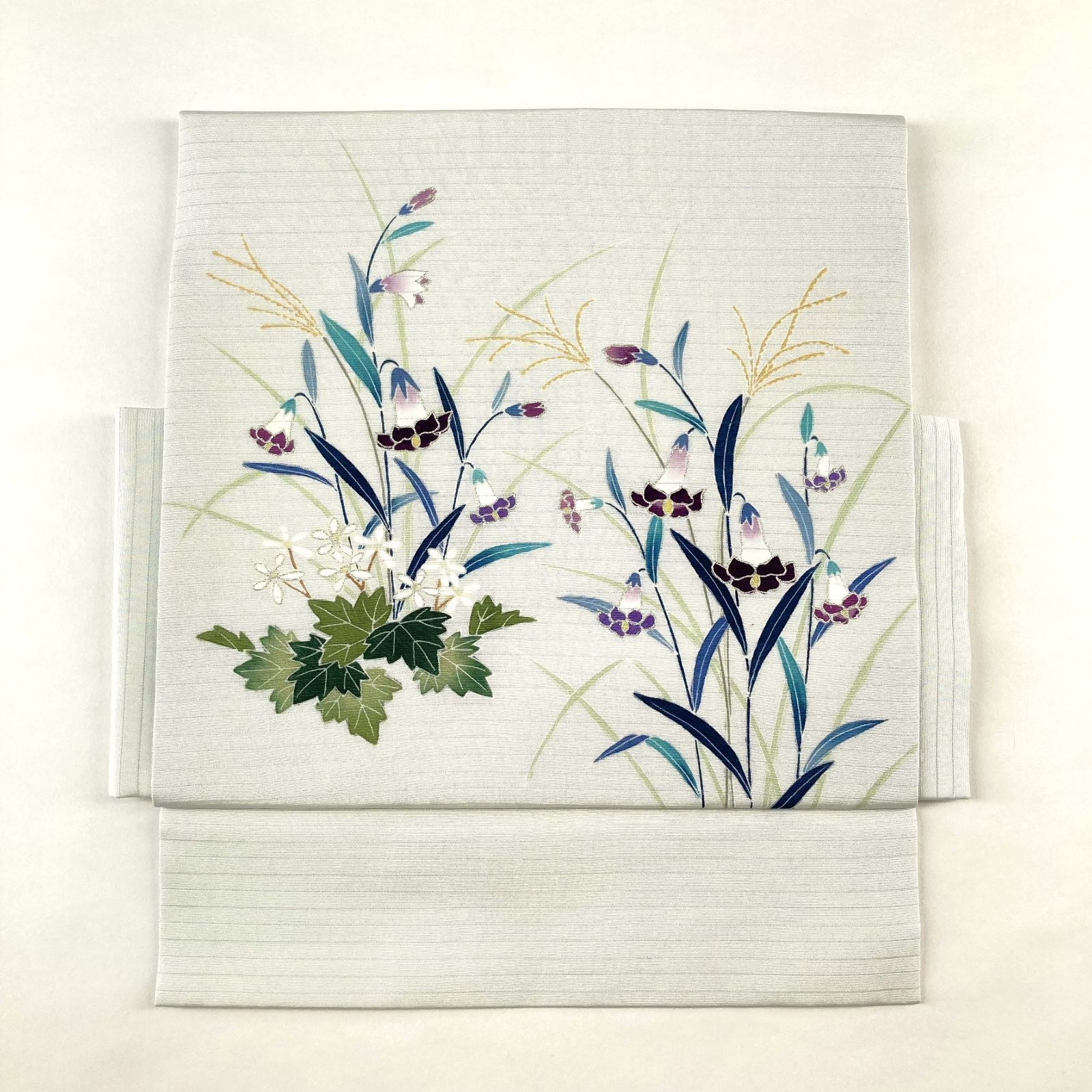 リユース帯 名古屋帯 薄水色 カジュアル 絽 染め 手描き 秋の草花 絹 0 未洗い MS4524