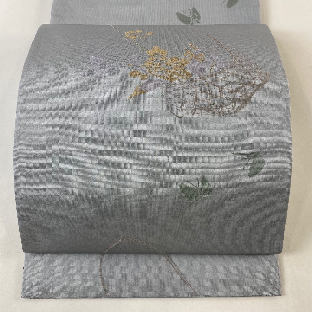 袋帯 名品 辻村ジュサブロー 落款 関西仕立て 花籠 蝶 金糸 灰色 六通 正絹