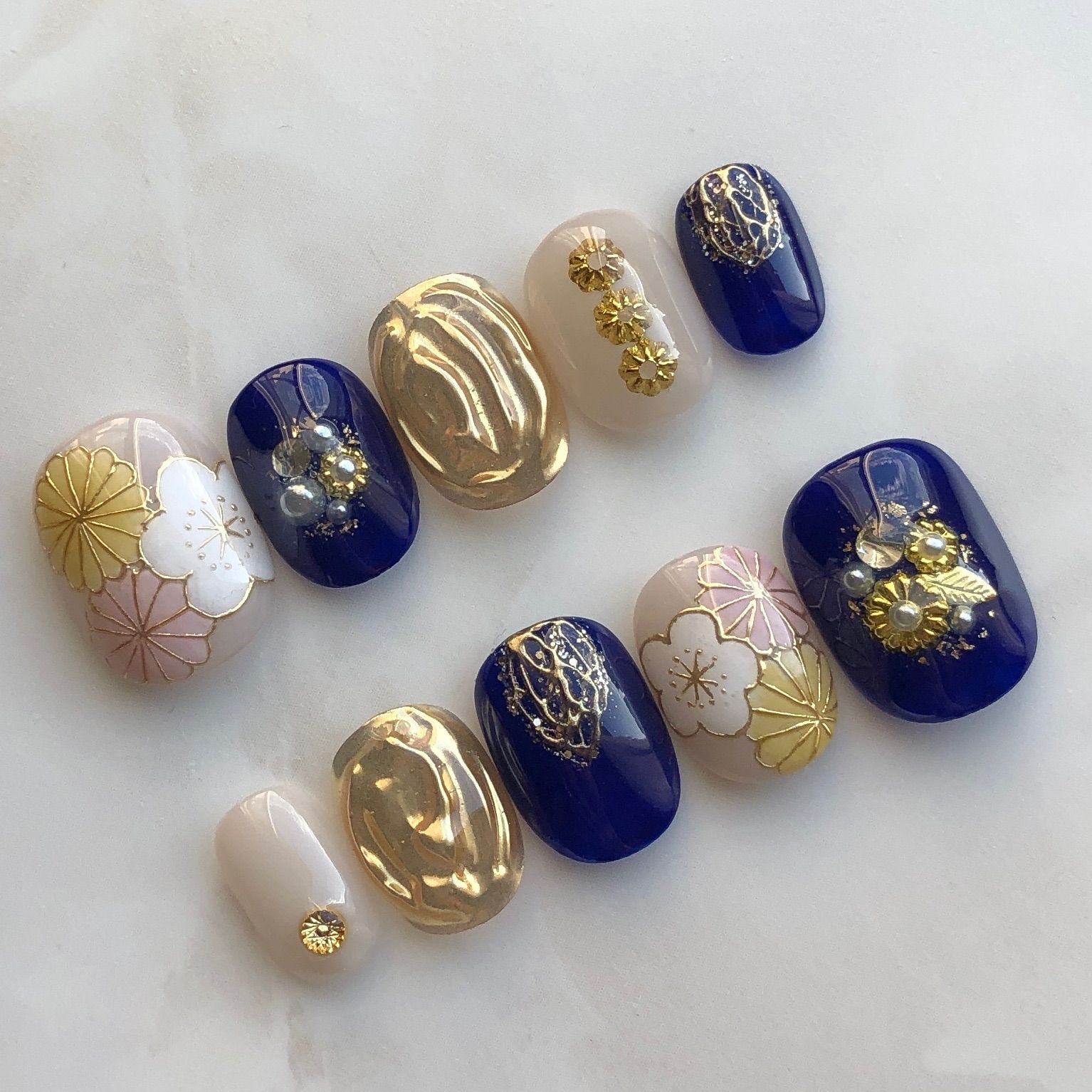 深青和装ネイルチップ 成人式ネイル 振袖ネイル 袴 和装 和柄ネイル ネイビー ☆B-07☆紺のお着物ネイル和柄ネイルチップ成人式前