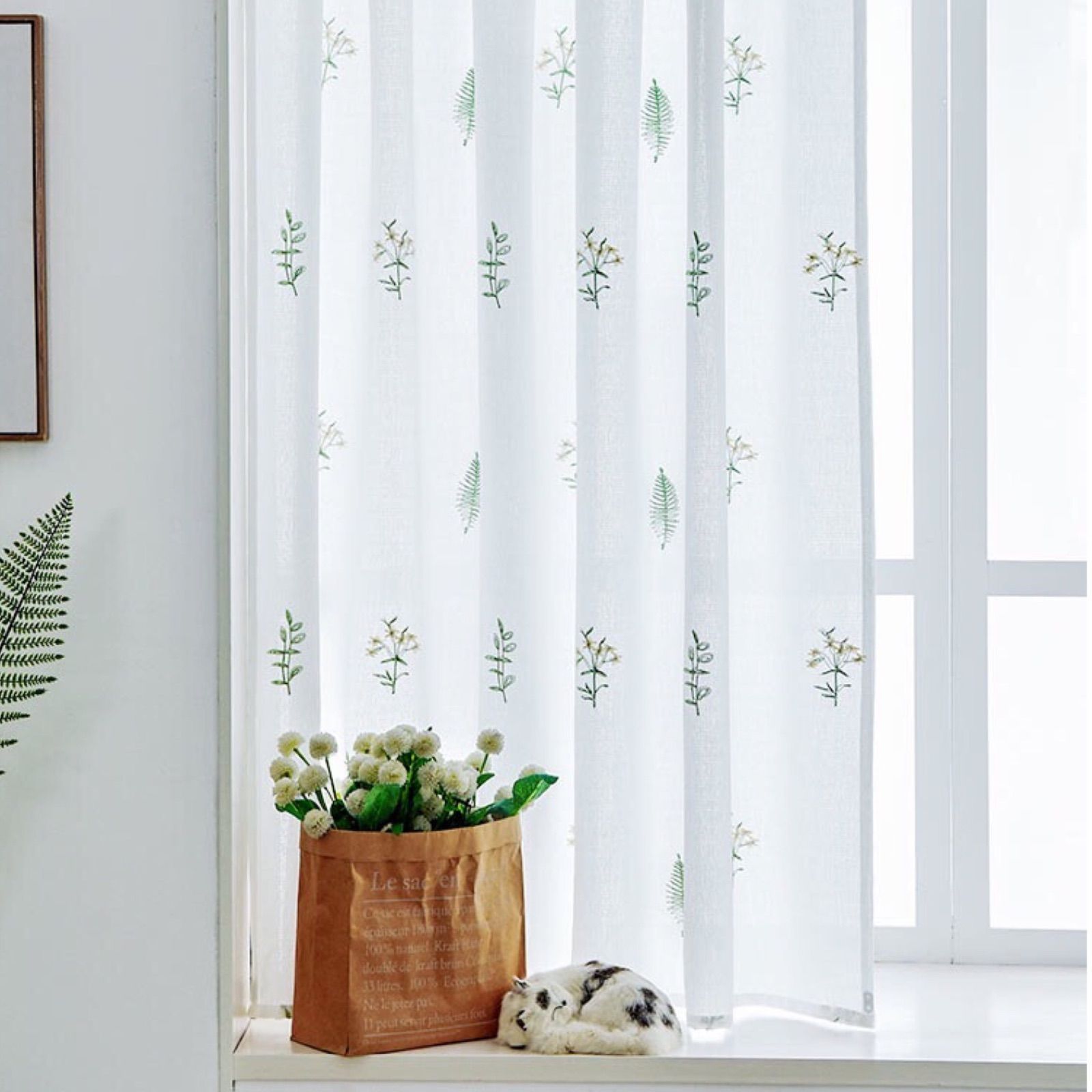 ナチュラルボタニカル柄カフェカーテン（小）　爽やかな北欧インテリア