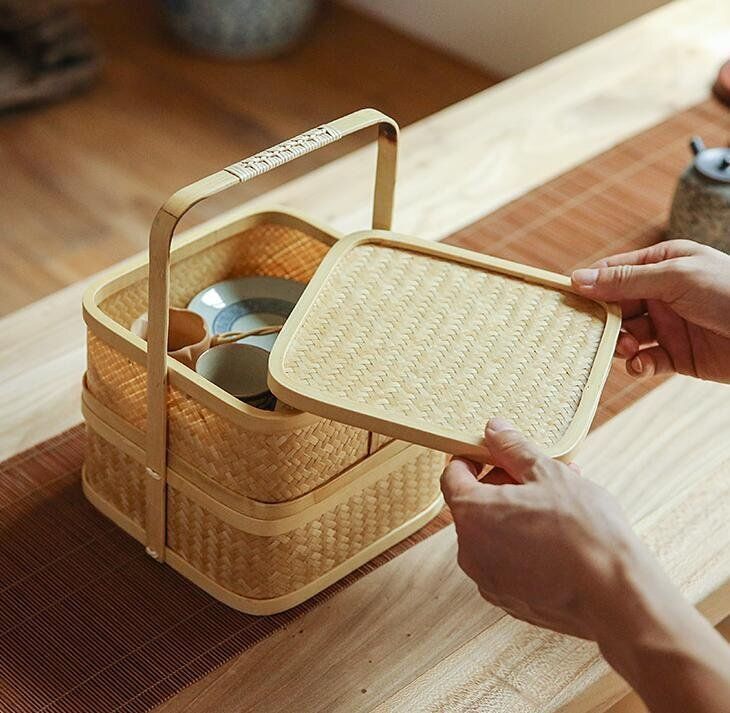 茶道具 提籃籠 二階 収納する 工芸品 竹細工 手作り
