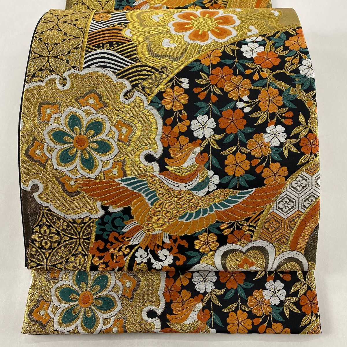 袋帯 美品 秀品 振袖向き 華文 鳥 唐織 金糸 金色 六通 正絹 【中古