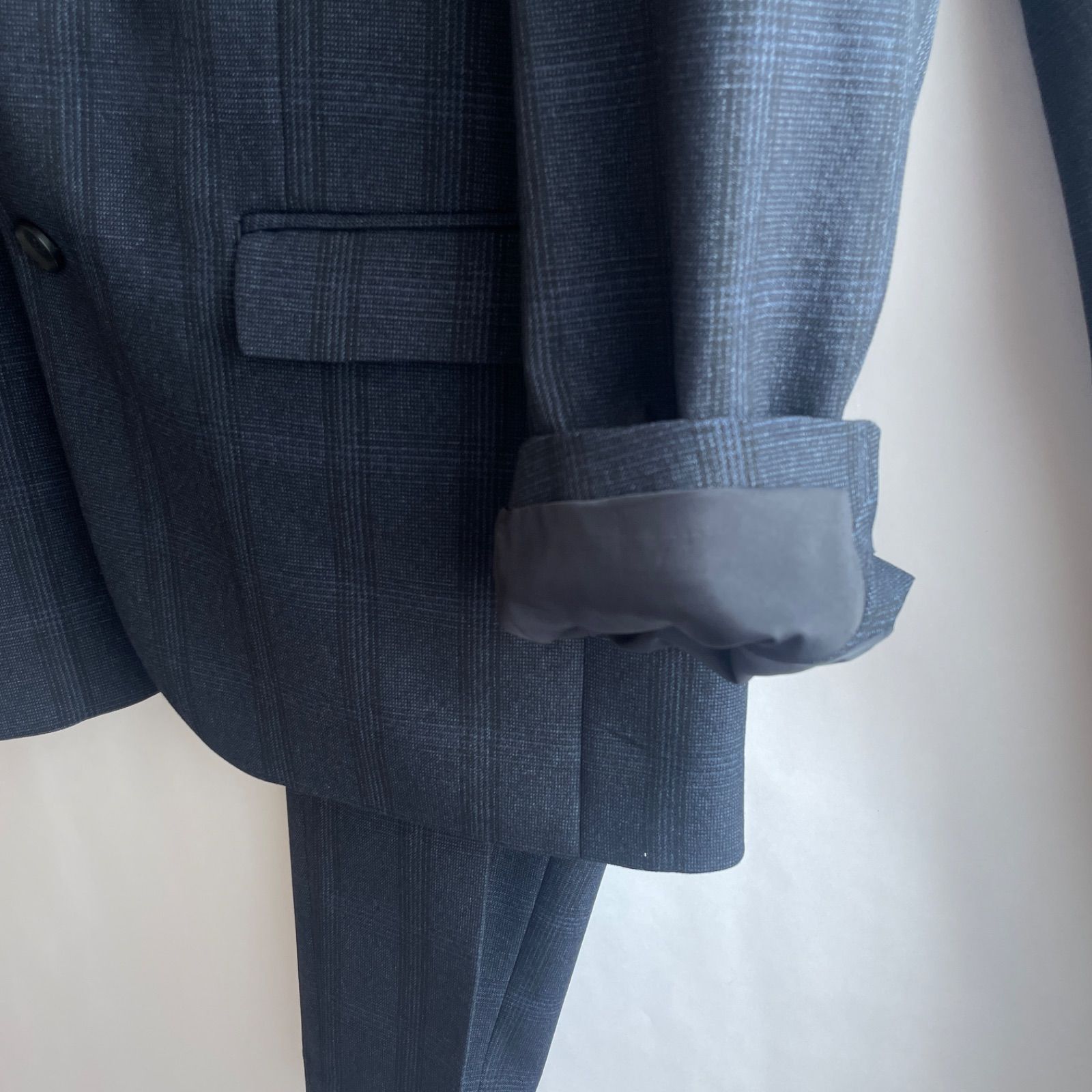 美品★洗える✨プラステ メンズスーツ セットアップ XL/L ネイビー チェック 美品】プラステ メンズ スーツ セットアップ XL ネイビー チェック