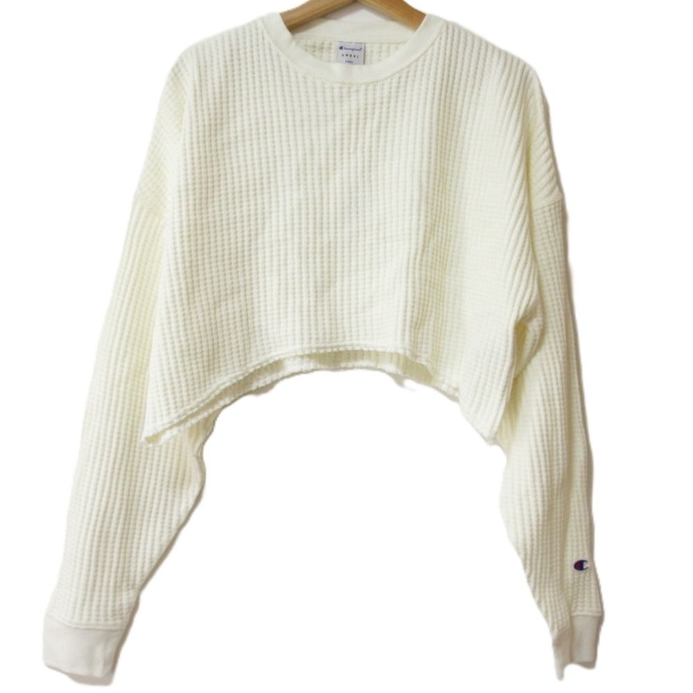 22AW AMERI アメリ チャンピオン SHORT WAFFLE TOP ショートワッフル 切りっぱなし クルーネック 長袖カットソー F オフホワイト レディース 古着