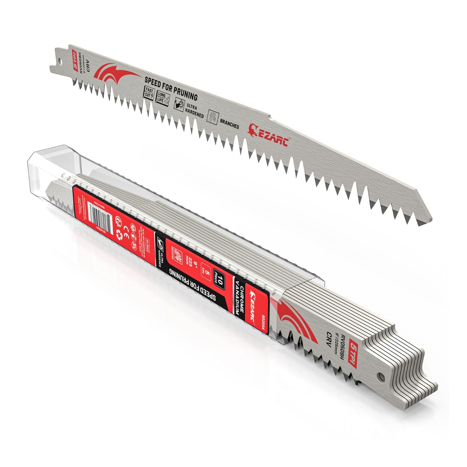 Size:225mm_Color:10本入 EZARC(イザーク) レシプロソー替刃 生木用 全長225mm 5山 クロムバナジウム鋼 衝?燒入 長寿命 生木の剪定 枝・幹の伐採 (10本入)