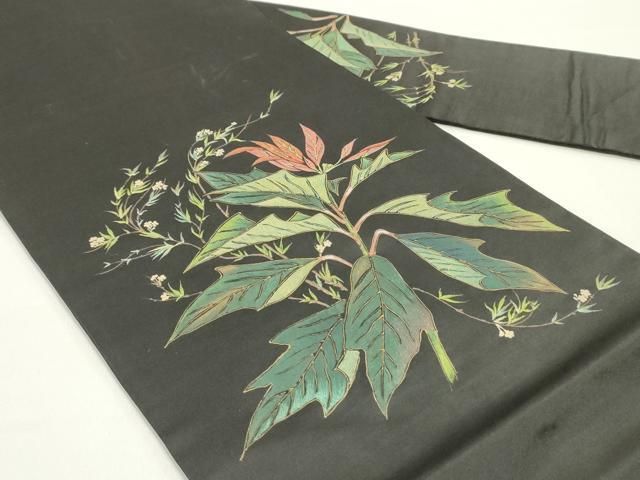 平和屋着物●アンティーク 大正ロマン 九寸名古屋帯 手描き 草花文 黒地 正絹 DAAY0171ob