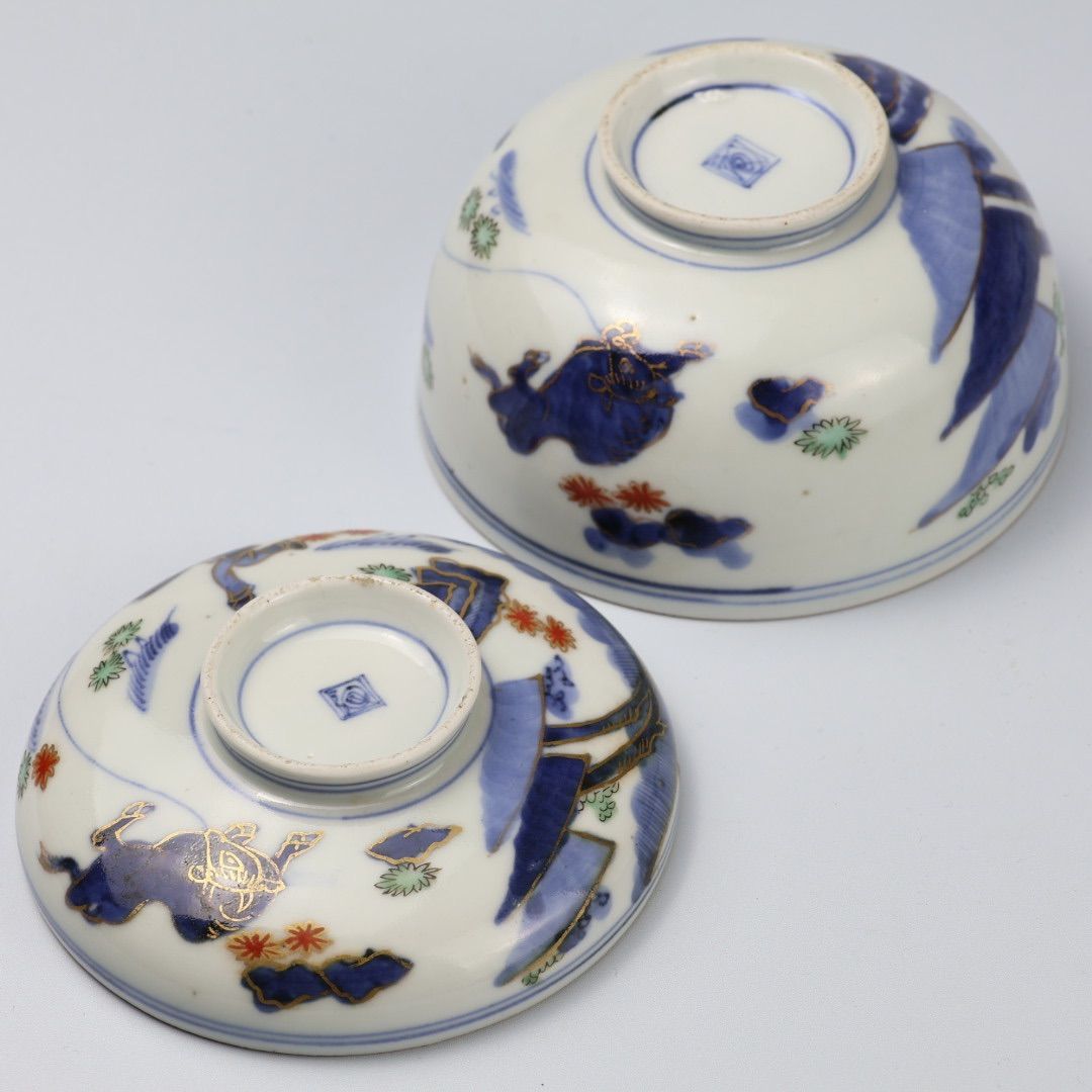 729 骨董 アンティーク 古伊万里 羽根市松図飯椀 2点組 茶碗 染付 314 色絵 染付 唐子 牛 古伊万里 伊万里焼 骨董 アンティーク 飯