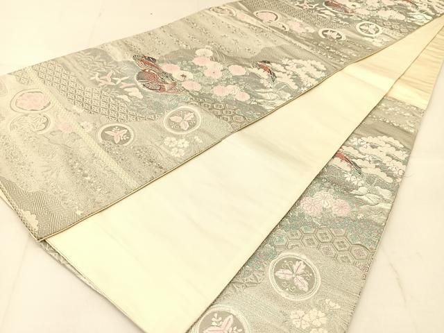 平和屋着物◎六通柄袋帯　しよう美　唐織　九百錦　風景花文　プラチナ箔　正絹　逸品　DABE3832qp 平和屋着物◎六通柄袋帯 唐織 九百錦 花鳥丸文 プラチナ箔 正絹 逸品