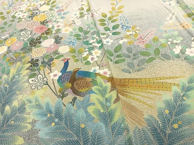 平和屋着物▽訪問着　単衣　友禅　作家物　孔雀草花文　正絹　逸品　AAAW7733fy 平和屋着物▽訪問着 単衣 友禅 作家物 孔雀草花文 正絹 逸品