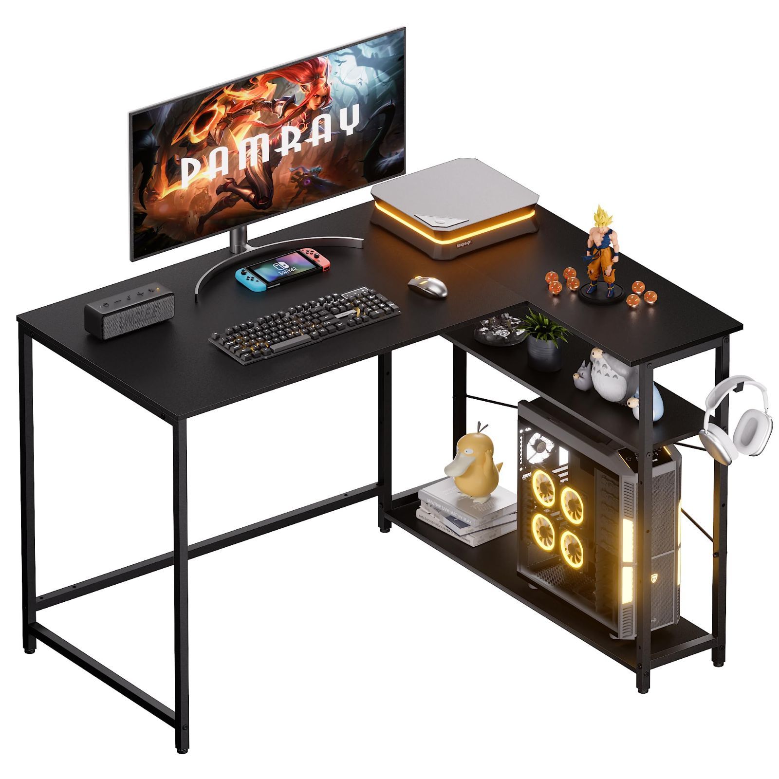 数量限定　L字デスク 幅109cm パソコンデスク 左右に取り替える棚付き pcデスク 勉強机 PAMRAY コーナーデスク フック付き ゲーミングデスク オフィスデスク 勉強机 ブラック
