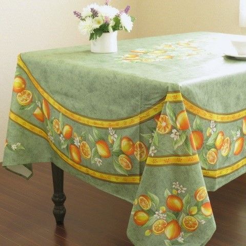 フランス直輸入 プロバンス撥水加工テーブルクロス 150×250ｃｍ レモン柄緑