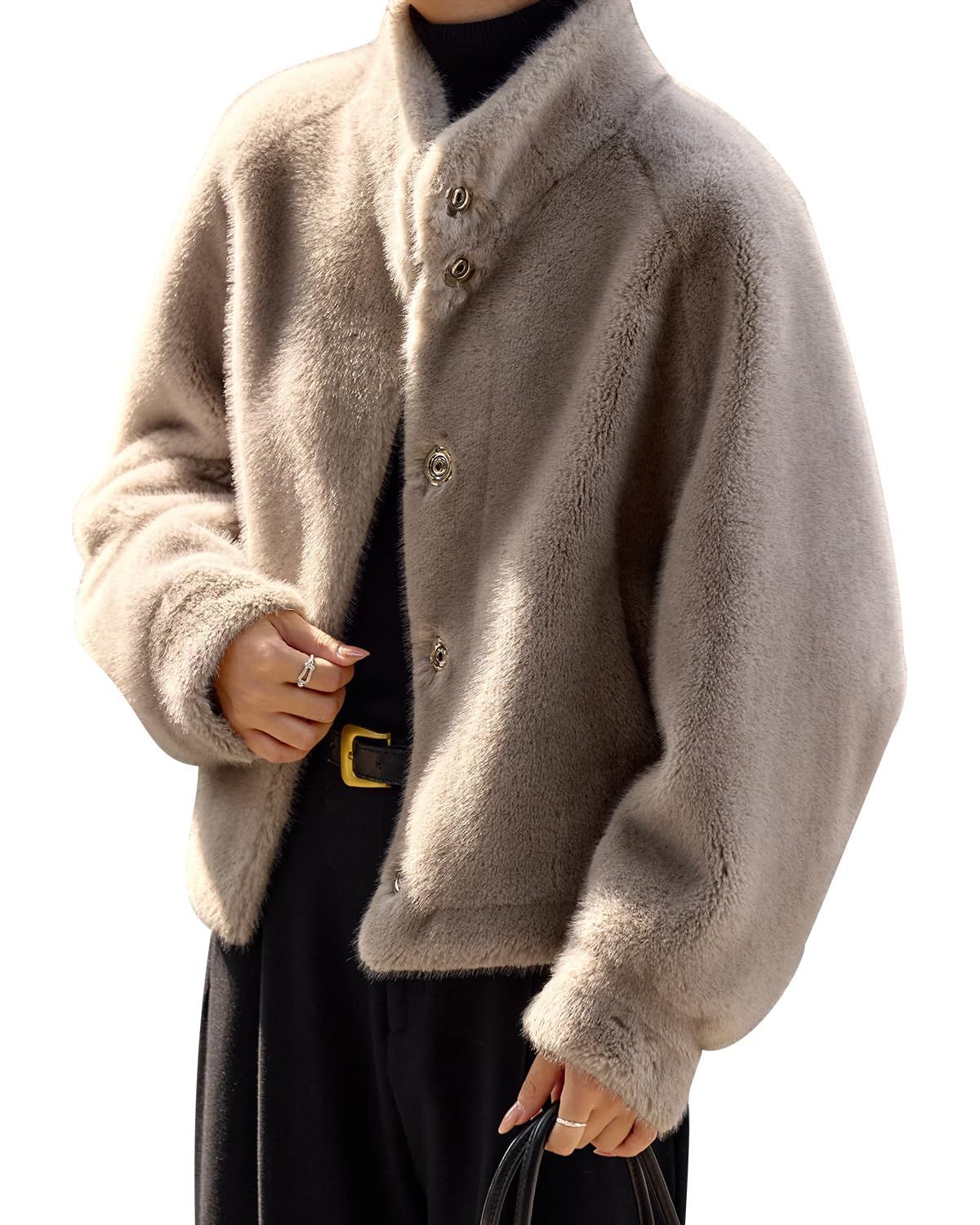 Size M MOHO-MO沫晗依美 ファーコート レディース エコファー コート ファーブルゾン 毛皮コート エレガント ジャケット アウター 長袖 ふわふわ モコモコ コート おしゃれ 柔らかい 厚手 暖かい 防寒対策