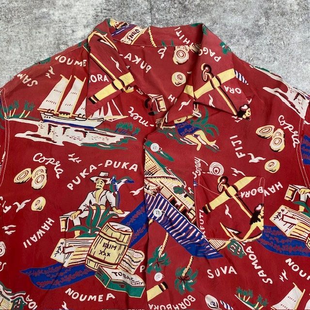 50's SOUTH SEA TRADER レーヨン アロハシャツ 総柄 実寸L~XL vintage