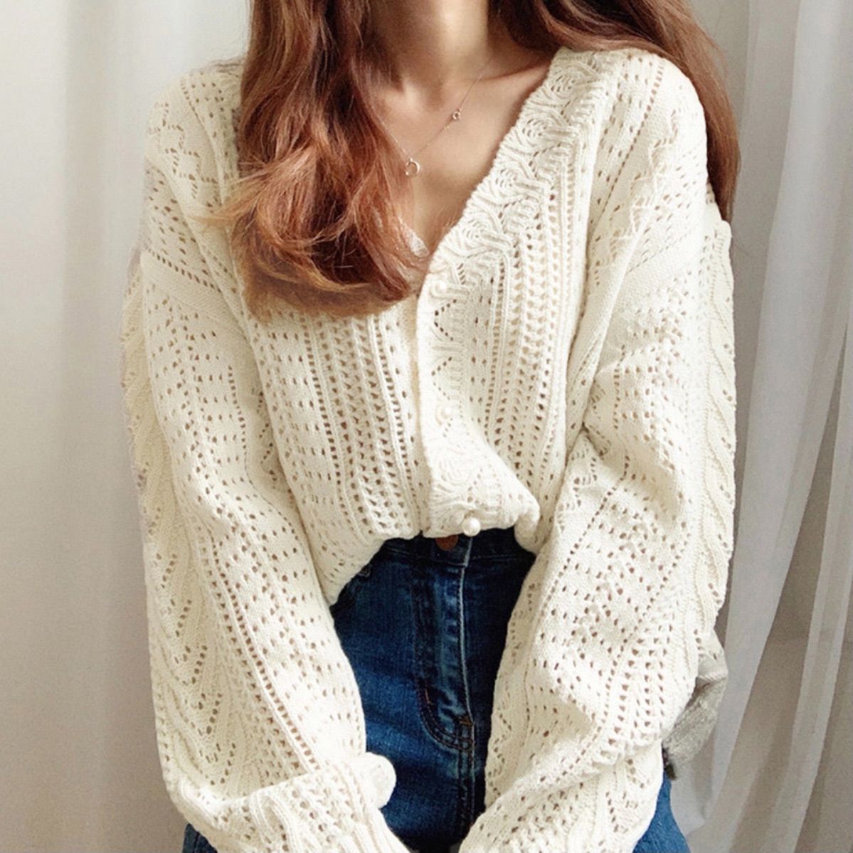 レトロ ヴィンテージ コットン レース編みカーディガン レース編み カーディガン ニット vネック 春服 レトロ おしゃれ